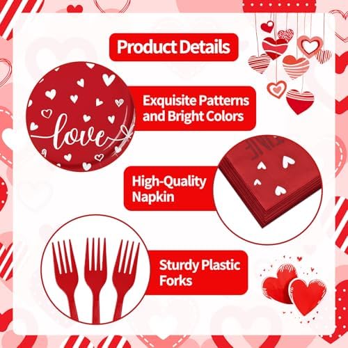 96 Pieces Valentine’s Day Tableware Set – Red and White Disposable Plates, Napkins, and Forks with Heart and Love Designs for Valentine’s Parties Romantic Celebrations – Serves 24 Guests