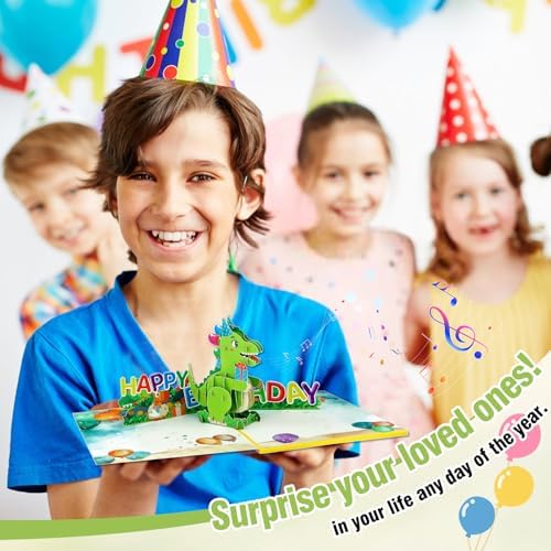 FaCraft Dinosaur Musical Birthday Cards for Kids - Music & Light 3D T-Rex