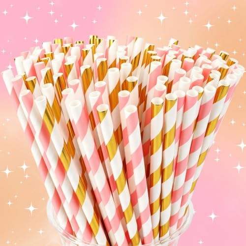 100 Packs Pink and Gold Biodegradable Striped Paper Straws, Disposable Drinking Straws for Birthday Carnival Summer Pool Party Wedding Halloween Christmas Party Decoration Supplies