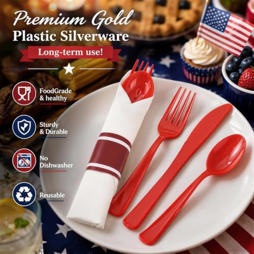 Liacere 400PCS Pre Rolled Red Silverware and Napkin - Disposable Red Plastic Utensils-Wrapped Plastic Cutlery Set with Napkin:100Forks,100Knives,100Spoons,100Napkins for Party & Independence Day