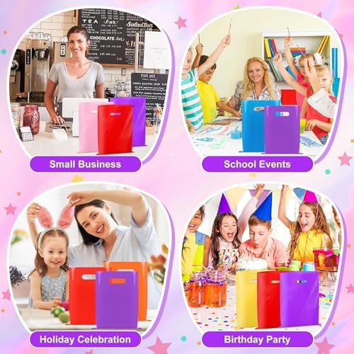 VieFantaisie 50 PCS Purple Party Favor Bags, 8" x 11" Goodie Bags for Candy Treat Craft Easter Egg, Plastic Gift Bag with Die Cut Handles for Birthday Party, School Events & Small Business, Wedding