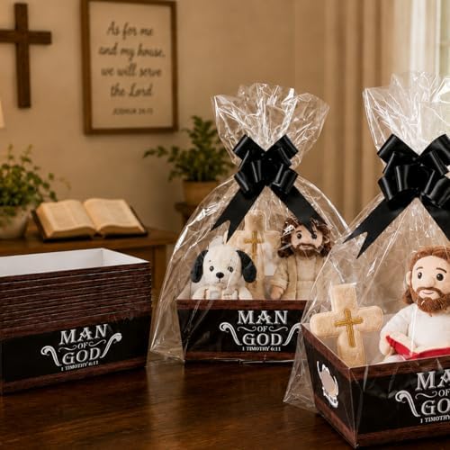 Cinrobiye 12 Pcs Grandparents Day Gifts for Grandpa, Christian Gift Basket Set with Man of God Bible Verse Trays, Clear Bags & Pull Bows, DIY Religious Gifts for Grandfather, Pastor, Church