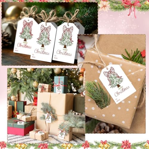Teling 50 Pcs Christmas Gift Tags with String Red Bow Merry Christmas Tags