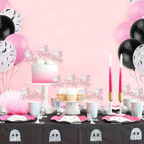 24 PCS Halloween Ghost Oh Baby Cupcake Toppers Glitter Halloween Baby Shower Cupcake Picks Little Boo Cupcake Topper for Halloween Baby Shower Birthday Party Cake Decorations Supplies Light Pink