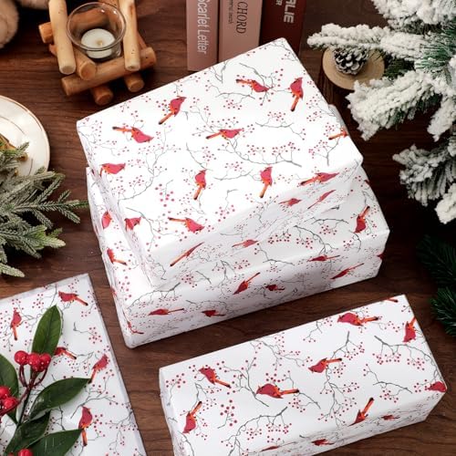 JarThenaAMCS 60 Sheets Christmas Tissue Paper Red Cardinal Bird Berry Gift Wrapping Paper Xmas DIY Art Crafts Tissue for Winter Holiday Birthday, 14 x 20 Inch
