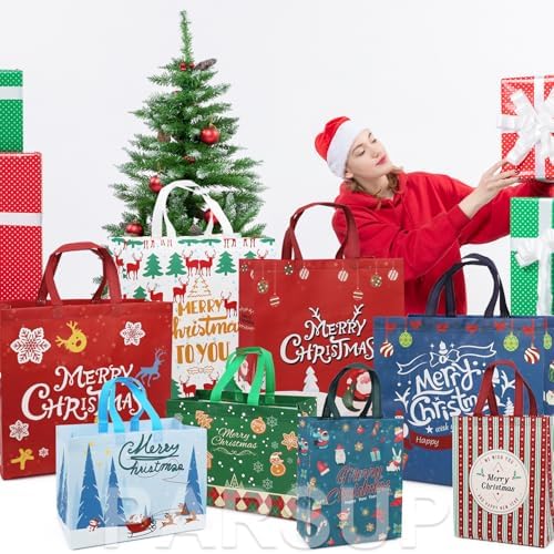 PARSUP 16PCS Christmas Gift Bags with Handles, Assorted Sizes Tote for Treat, Non-Woven Christmas Bags for Gift Wrapping, Xmas Party Supplies