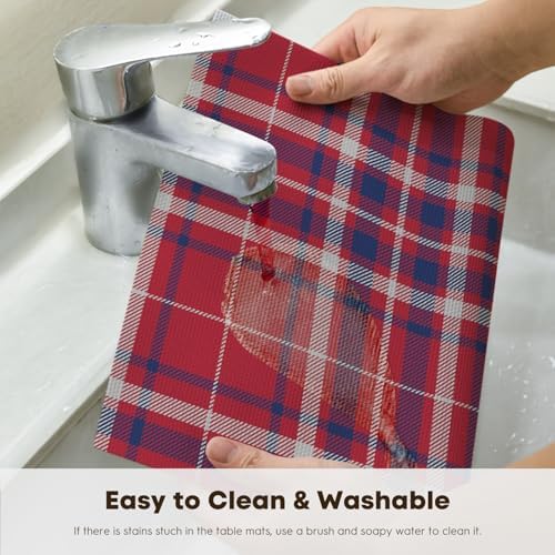 Artoid Mode Red Striped Check Memorial Day Vinyl Placemats Set of 4,Heat Resistant Non-Slip Woven Plastic PVC Place Mats for Party Kitchen Dining Decor