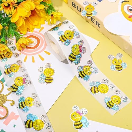 500Pcs Holographic Bee Stickers for Kids 1.2in Laser Waterproof Sticker Roll 6 Designs Cute Bumblebee Self-Adhesive Sticker Rolls for Bottle Scrapbook Journal Envelope Decorations