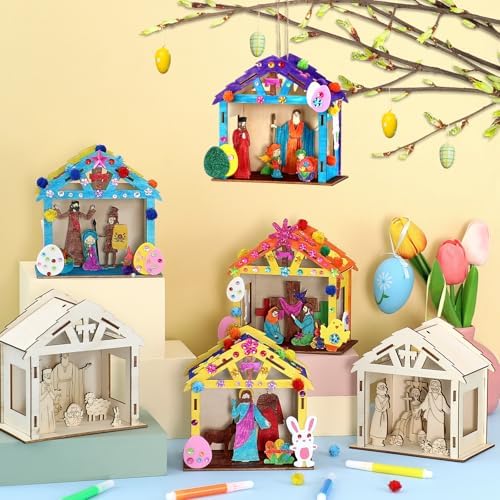 8Pcs Christian Easter Crafts Wooden House for Boy Girl & Adult, Religious Easter Activities DIY Kit with Jesus He Is Risen Egg Bunny, Spring Bible Art Gift for Basket Stuffers Party Favors Decor Bulk