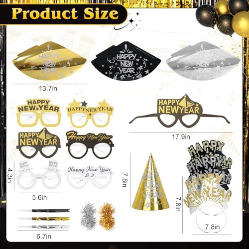 42 Pieces 2026 New Year's Eve Party Supplies Kit - Black Gold Silver Happy New Year Paper Glasses, Headband Tiaras, Cone Hats, Noise Makers for New years Eve Party Decorations