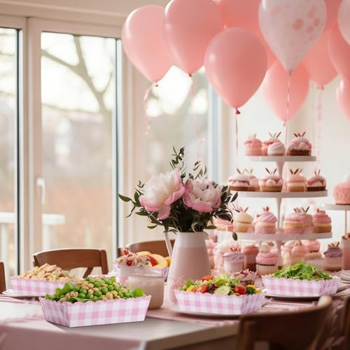 Funnymoom 48 Pcs Gingham Party Supplies Pink Plaid Paper Food Trays