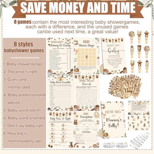 Funnymoom 426 Pcs Baby Shower Games Set Coffee Theme, 8 Activities