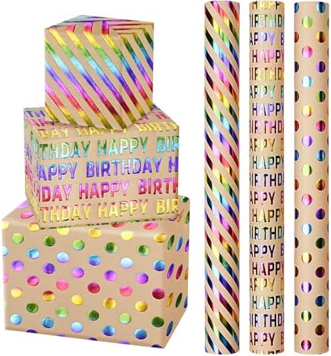 WRAPAHOLIC Kraft Birthday Wrapping Paper Roll - 3 Mini Rolls - 17 Inch x 120 Inch Per Roll - Rainbow Foi Happy Birthday Wrapping Paper for Boys Girls Kids, Baby Shower