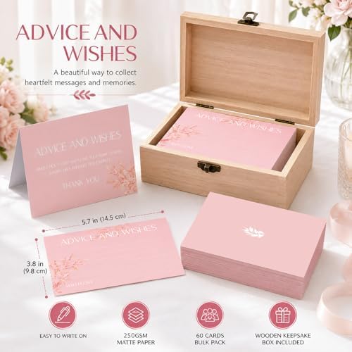 60pcs Pink Eucalyptus Advice and Wishes Cards, 5.7"x3.8" Wedding Advice Cards for Bridal Shower, 250gsm Thick Paper Wedding Guest Book Alternative, Perfect for New Mr & Mrs, Engagement, Party Favors