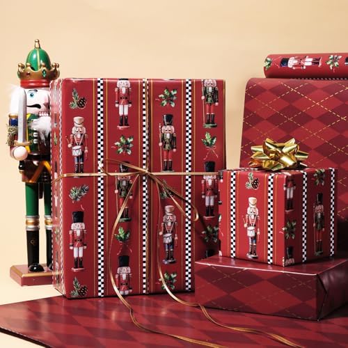 LaRibbons Nutcracker Christmas Wrapping Paper, Red Gold Foil Argyle Plaid