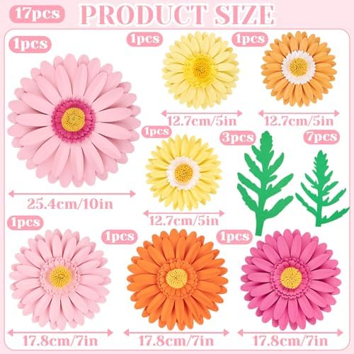 PAPER JAZZ Paper Flower Wall Decor, Handmade 3D Daisy Party Decoration Large Paper Flower in Pink, Orange, Yellow with Green Leaves, Modern Home Wall Art for Bulletin Board,Easter