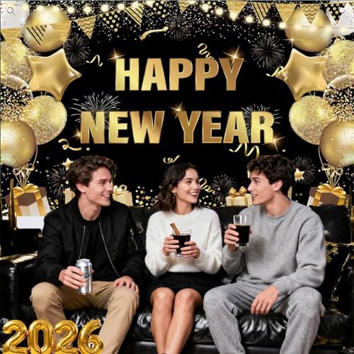 2026 Happy New Year Banner Backdrop Fabric Black Gold Design for Photo Booth Background New Years Eve Party Decorations 71 x 43 inch