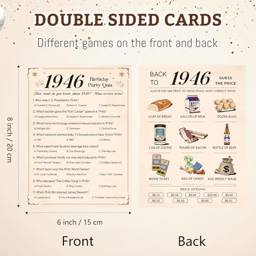 30Pcs 80th Birthday Party Games, 1946 Quiz & Guess the Price Game Cards