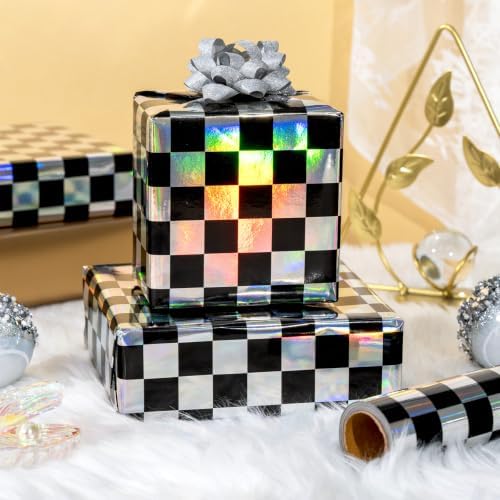 MAYPLUSS Black Gift Wrapping Paper, 17in x 33ft Holographic Checkered Wrap