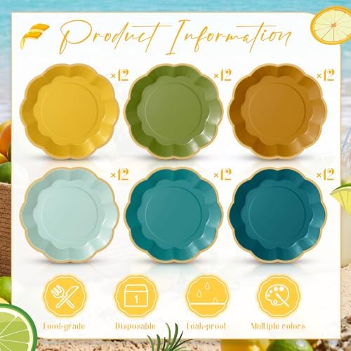72 Pcs Summer Lemon Paper Plates 9 Inch Blue and Yellow Gradient Scalloped Paper Disposable Dinner Dessert Plates for Summer Birthday Wedding Bridal Party Supplies, 6 Colors