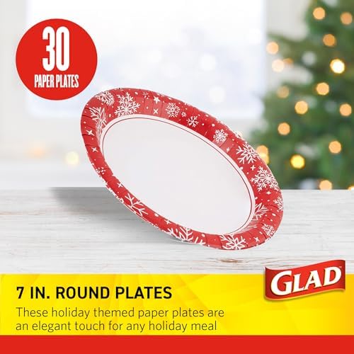 Glad Disposable Paper Plates, Holiday Red Snowflake, 7 Inch, 30 Count
