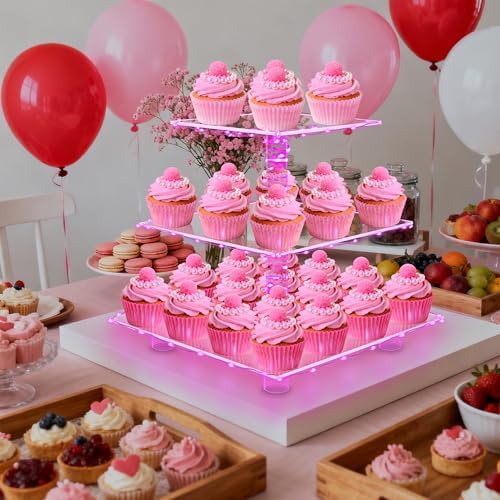 YestBuy 3 Tier Cupcake Stand with Pink Light, Cupcake Tower for 24 Cupcakes