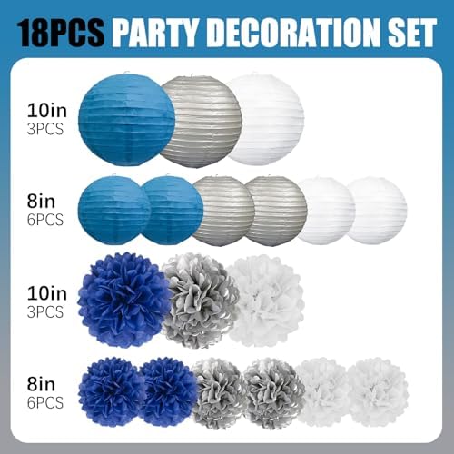 18 PCS Blue White Silver Paper Lanterns & Tissue Paper Pom Poms for Men's Birthday, Graduation 2026, Wedding, Hanging Paper Decor for Indoor Outdoor Events Theme Party Supplies