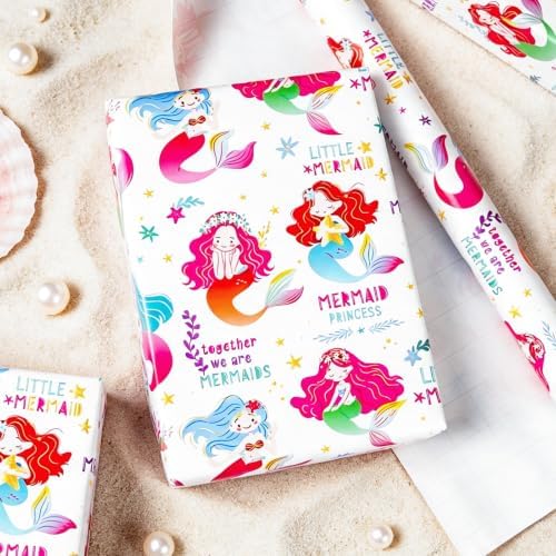 MAYPLUSS Girl Gift Wrapping Paper, 17in x 16.5ft Mermaid Gift Wrap