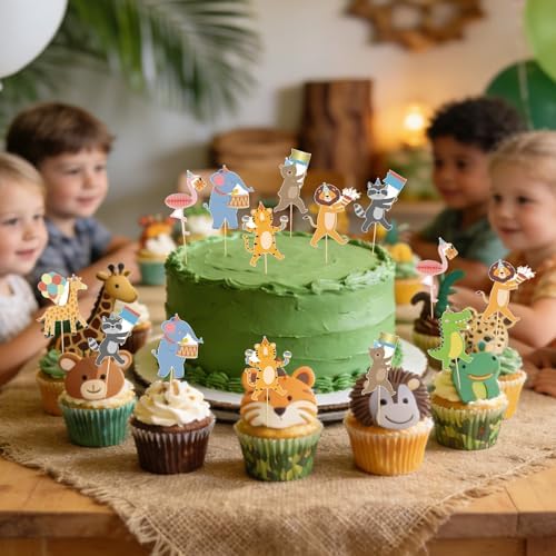 Hooqict 40Pcs Safari Cupcake Toppers Animal Birthday Party Cake Decorations Animal Parade Cupcake Toppers for Kids Jungle Theme Baby Shower Zoo Wild Birthday Party Decorations Supplies