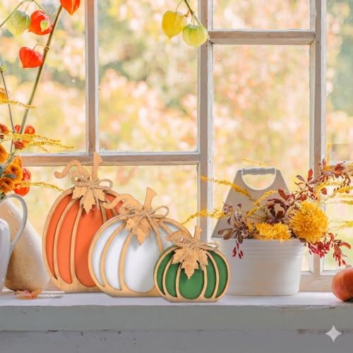 OLANRUN Fall Decorations for Home, 3-Piece Farmhouse Wooden Pumpkin Fall Decor, Handmade Crafts, Autumn Thanksgiving Decorations for Table, Tiered Tray, Mantel, Shelf, Office (4-8 Inch)