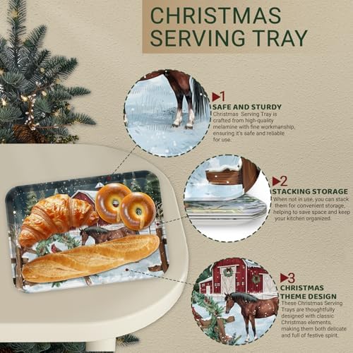 4-Piece 15 x 11 Inch Christmas Serving Tray Set, Melamine Reusable Platters with Red Barns, Snowmen, Horses, and Truck, Holiday Party Snack, Fruit, Dessert, and Candy Dishes