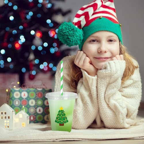 Whaline 50Pcs 12Oz Christmas Disposable Plastic Cups with Lids and Straws Colorful Light Bulb Xmas Tree Cold Beverage Drinking Cups for Holiday Birthday Party Supplies