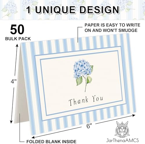 JarThenaAMCS 50 Pack Hydrangea Thank You Cards White Blue Floral Stripe Greeting Cards with Envelopes Stickers Blank Note Card for Wedding Bridal Baby Shower Birthday Party, 4 x 6 Inch