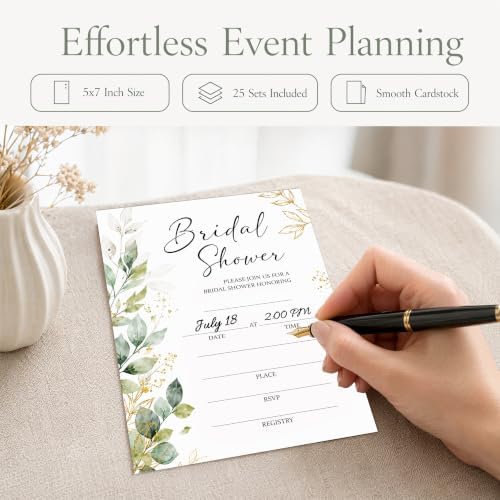 Bridal Shower Invitations, 25 Eucalyptus Leaves Wedding Shower Invites with Envelopes, 5x7 Greenery Bride to Be Engagement Party Supplies - A01