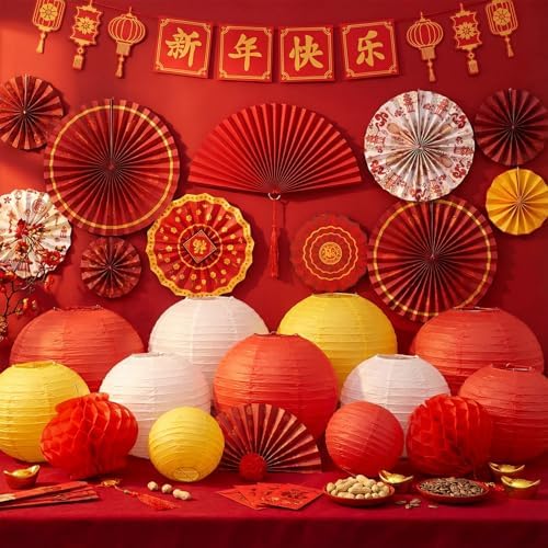 45 Pcs Chinese Lunar New Year Decorations, 2026 Year of the Horse Red Paper Fans Lanterns Lunar Horse Banner Fu Character Window Stickers Luck Hanging Ornaments Vietnamese Tet Party Supplies