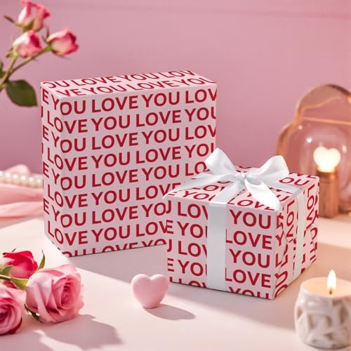 RUSPEPA Valentine's Day Wrapping Paper Roll, Mini Roll, Red Love You Lettering Design, Pink Gift Wrap for Wedding, Anniversary, Birthday, Valentine's Day, Bridal Shower, 17 Inches x 16.4 Feet