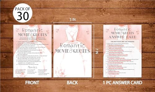 Bridal Shower Games, Wedding Games, Romantic Movie Engagement Bachelorette Party Game, Bridal Shower Decorations, 30 Cards Per Set (Suit028)