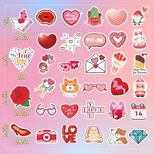 300 PCS Valentines Day Stickers, Non-Repeating Valentine Stickers, Valentines Stickers Gifts Party Favors Decorations,Waterproof Vinyl Heart Sticker for Laptops, Water Bottles