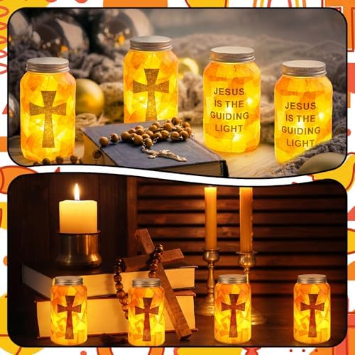 Qinyoung 12 Sets Religious Cross Crafts Jesus Lights The Way Mason Jars Tissue Paper Crafts with LED Candle Light Make Your Own VBS Mason Jars Decoration for Camping Sunday School Projects Activity