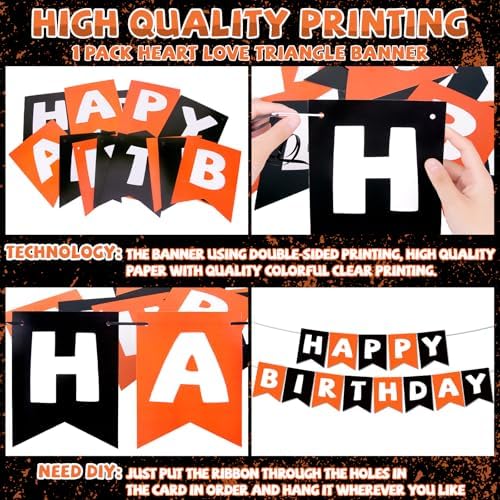 3 Pack Halloween Backdrop, Halloween Photo Backdrop Party Supplies with Happy Birthday Banner, Orange Black Foil Fringe Curtains Set for Birthday Halloween Party Decoration