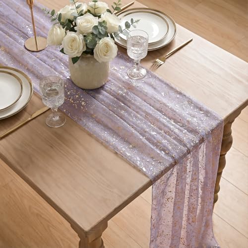 Artoid Mode Grayish Purple Gold Gauze Table Runner 120 Inch 10FT, Glitter Metallic Foil Sheer Dining Wedding Anniversary Holiday Birthday Table Decor for Home Party