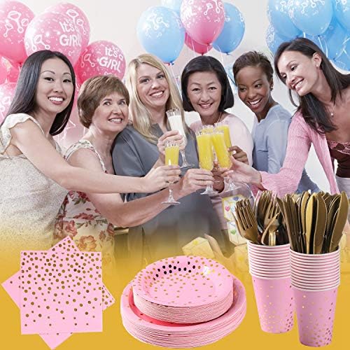 Pink and Gold Party Supplies 145PCS Golden Dot Paper Party Dinnerware Includes Paper Plates, Napkins, Knives, Forks, Cups, Banner, for Bachelorette, Girl Birthday, Baby Shower, Serves 24