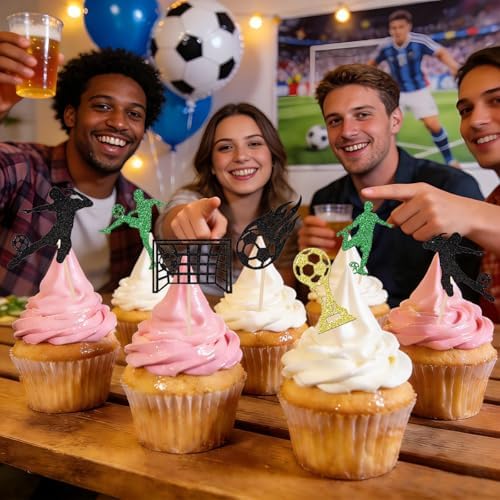 24Pcs Soccer Cuocake Toppers, Glitter Soccer Ball Party Cake Decorations
