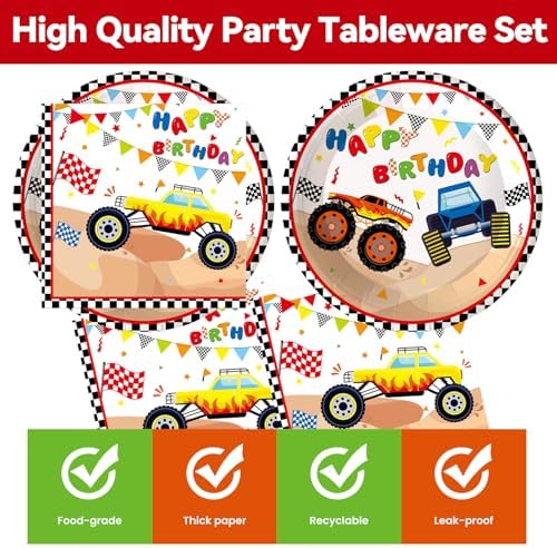 50Pcs Monster Truck Plates and Napkins Party Supplies, Disposable Racing Car Theme Birthday Paper Plates Napkins Tableware Set for Monster Truck Birthday Party Decorations (Truck)