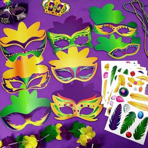 Jansun 24-Pack Mardi Masquerade Gras Masks, Party Masks with Feathers Stickers Carnival Costumes Outfits Accessories