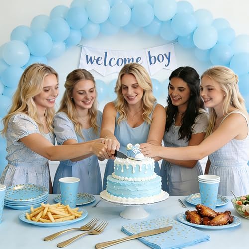 Blue and Gold Party Supplies 145PCS Golden Dot Disposable Party Dinnerware Includes Paper Plates, Napkins, Knives, Forks, Cups, Banner, for Baby Shower, Boy Birthday, Serves 24