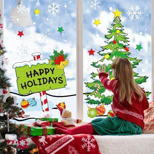Whaline 6 Sheets Christmas Window Clings Xmas Tree Signpost Snowflake Window Decal Reusable Anti-Collision Windows Decor for Winter Home School Office Holidays Party Supplies