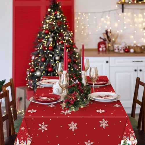 3-Piece 54 x 108 Inch Christmas Plastic Tablecloth – Red Disposable Table Covers with Merry Christmas Lettering, Snowy Houses, Santa, Snowmen, and Xmas Trees for Holiday Winter Parties
