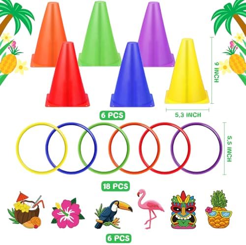 Hawaii Ring Toss Game Set, Luau Party Tossing Game with 6 Plastic Cones, 18 Colorful Rings, Beach Lawn Games for Kids Adults, Hawaiian Tiki Party Supplies Indoor Outdoor Family Activities (Hawaii)