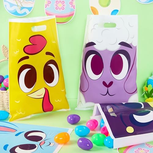 JOYIN 72 Pcs Easter Large Plastic Tote Bags Easter Goodie Treat Gift Bags with Handles for Egg Hunt, Kids Basket Party Favor Party Supplies